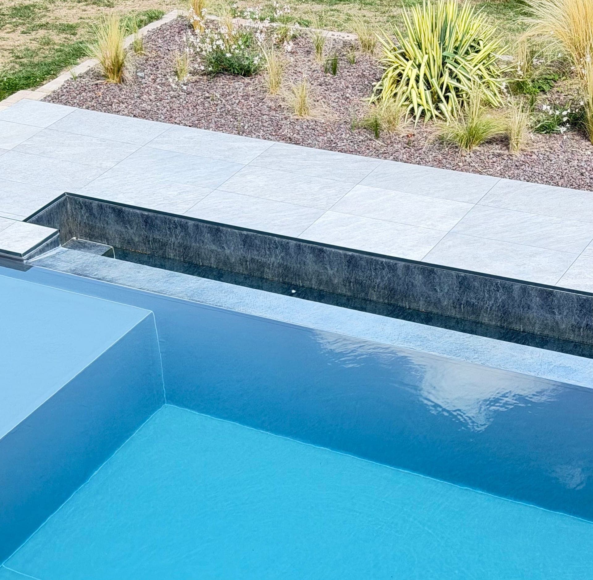 Détail en plongée : eau bleue de la piscine à débordement, goulotte de reprise et massif de graminées, Dettwiller