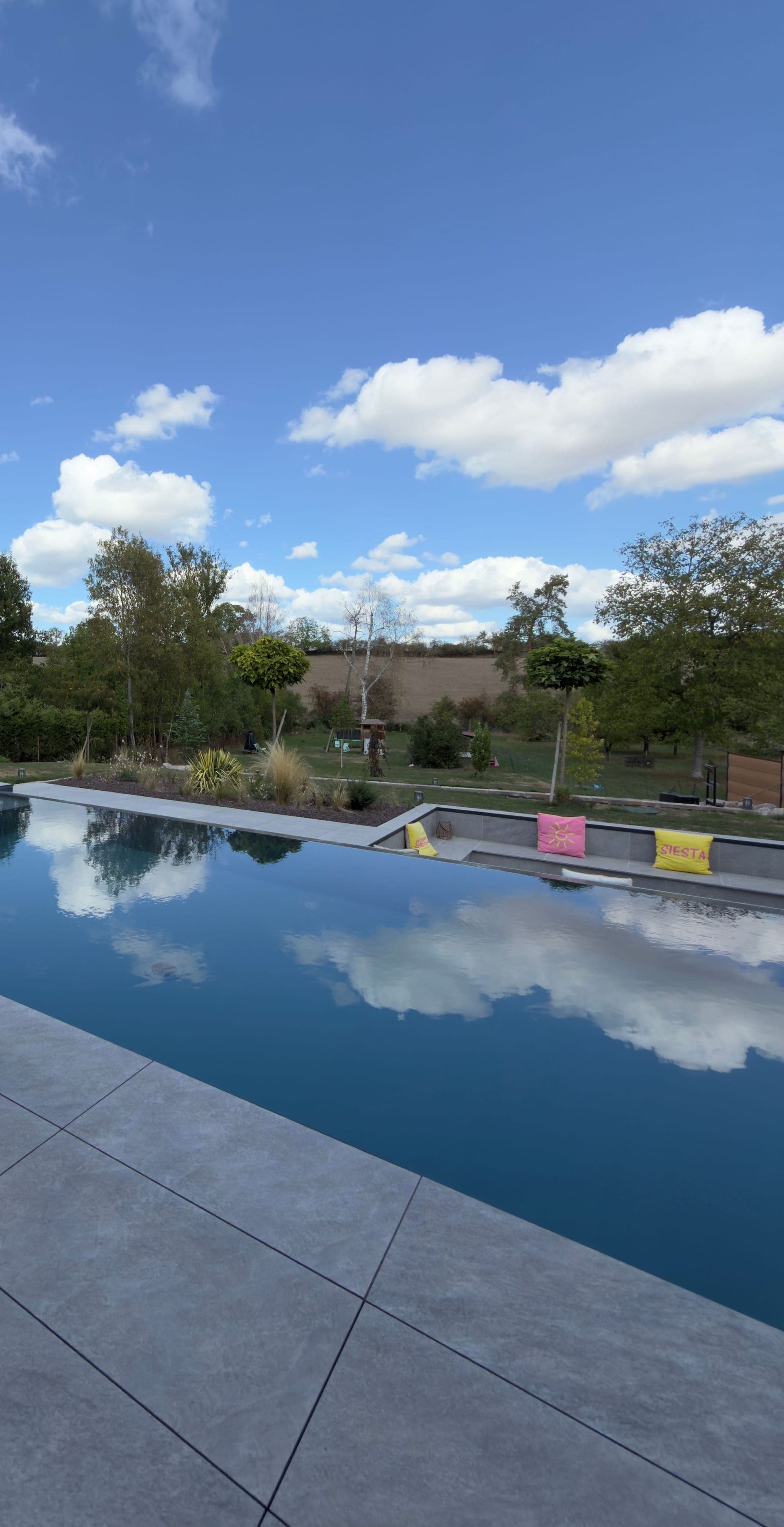 Piscine à débordement avec reflets de nuages, salon encaissé et jardin arboré, villa à Dettwiller, Alsace